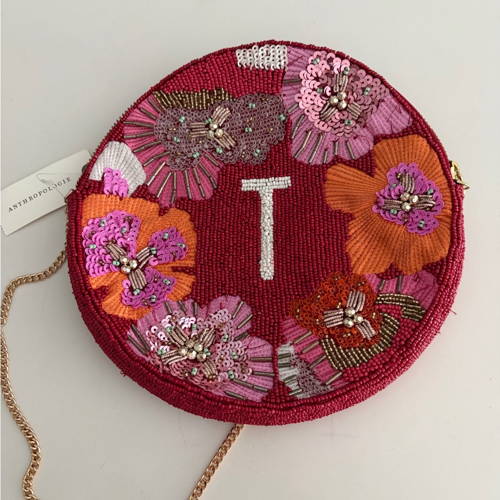 Anthropologie Pink and Orange Floral Beaded Clutch
